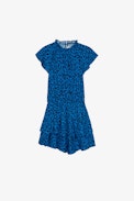 Kinderkleid Freja - Kinderkleid aus blauem Crêpe-Stoff mit asymmetrischen Leopardenrint