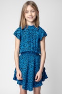 Kinderkleid Freja - Kinderkleid aus blauem Crêpe-Stoff mit asymmetrischen Leopardenrint