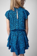 Kinderkleid Freja - Kinderkleid aus blauem Crêpe-Stoff mit asymmetrischen Leopardenrint