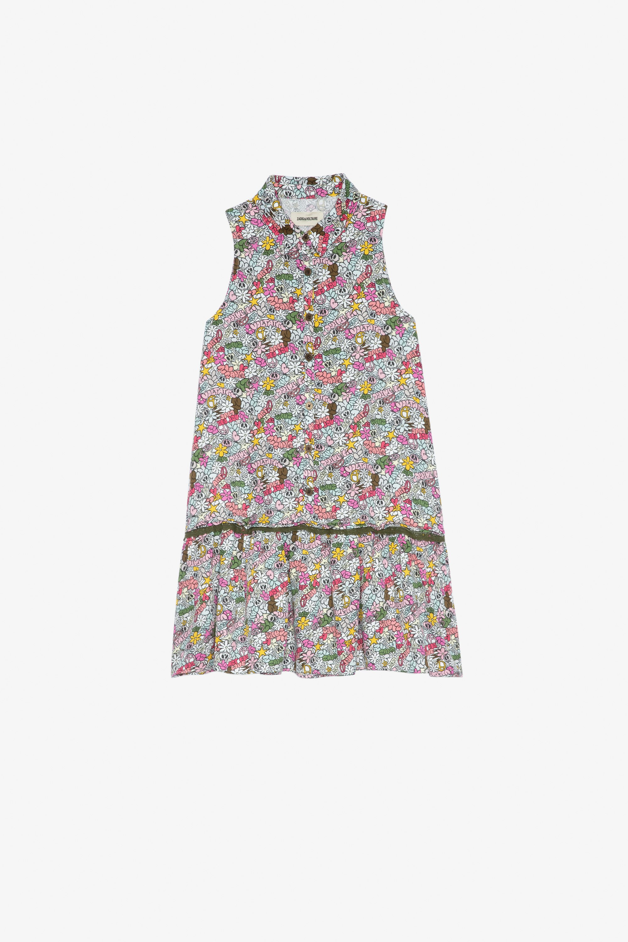 Kinderkleid Karo Kinderkleid mit einem Print von Core Cho, verziert mit einem Spitzenband