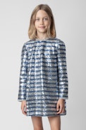 Sienna Girls’ Dress - Girls’ silver occasion dress with sequins and stripes.