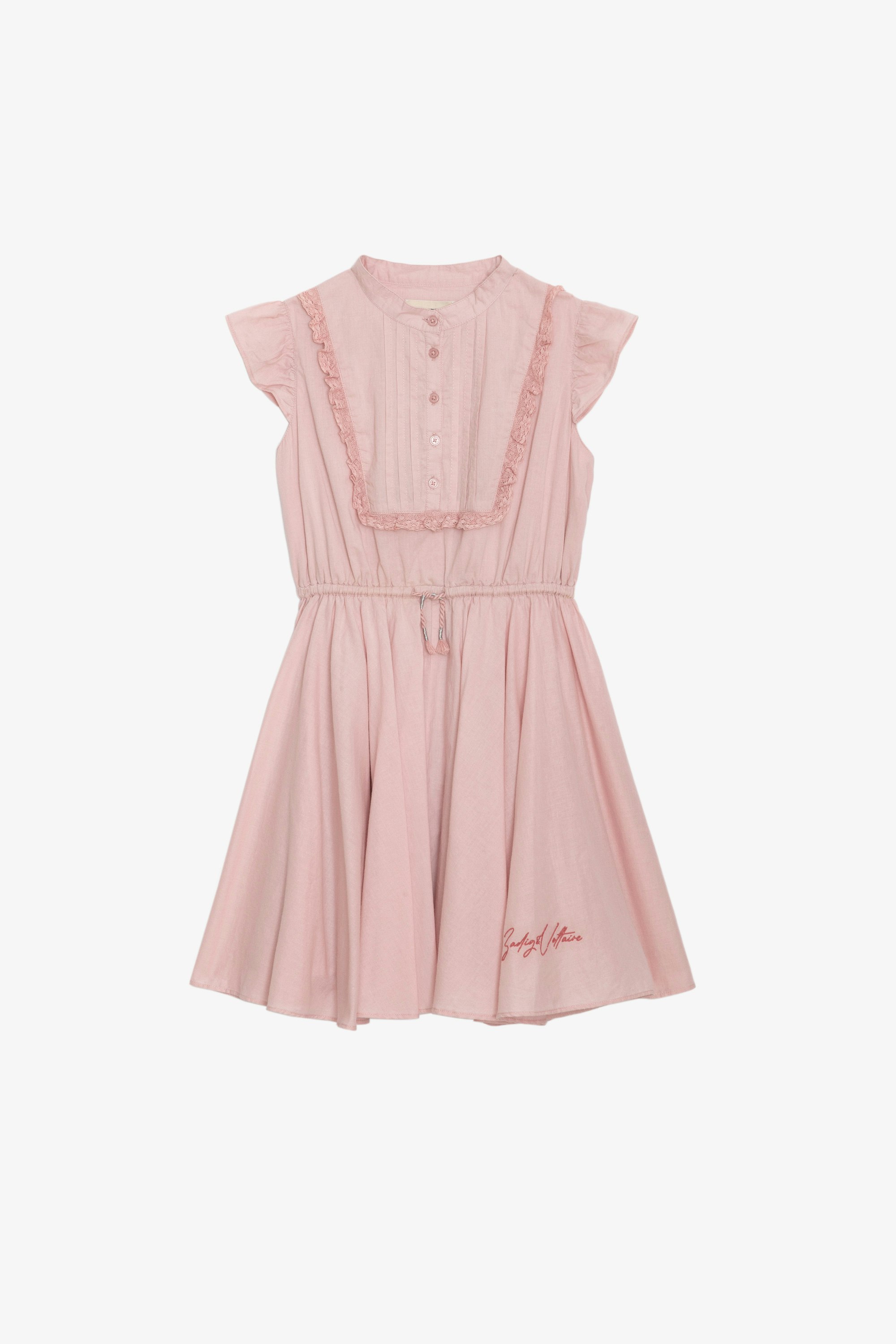 Ranila Girls’ Dress - Girls’ pink cotton sleeveless occasion dress with lace bib and pleated skirt.