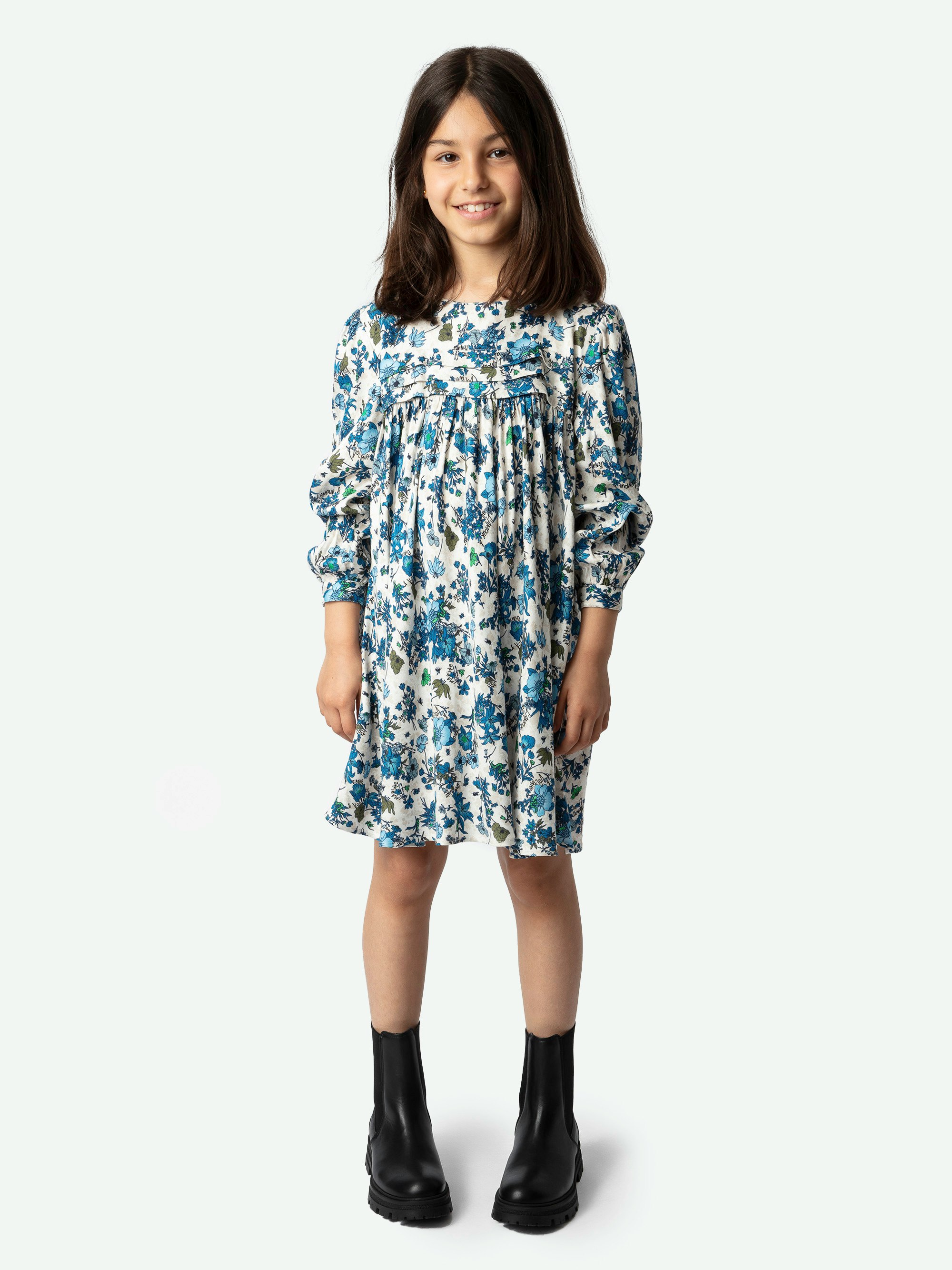 Kleid Karo für Mädchen - Mehrfarbiges, kurzes, plissiertes Kleid mit Blumenprint und langen Ärmeln für Mädchen.