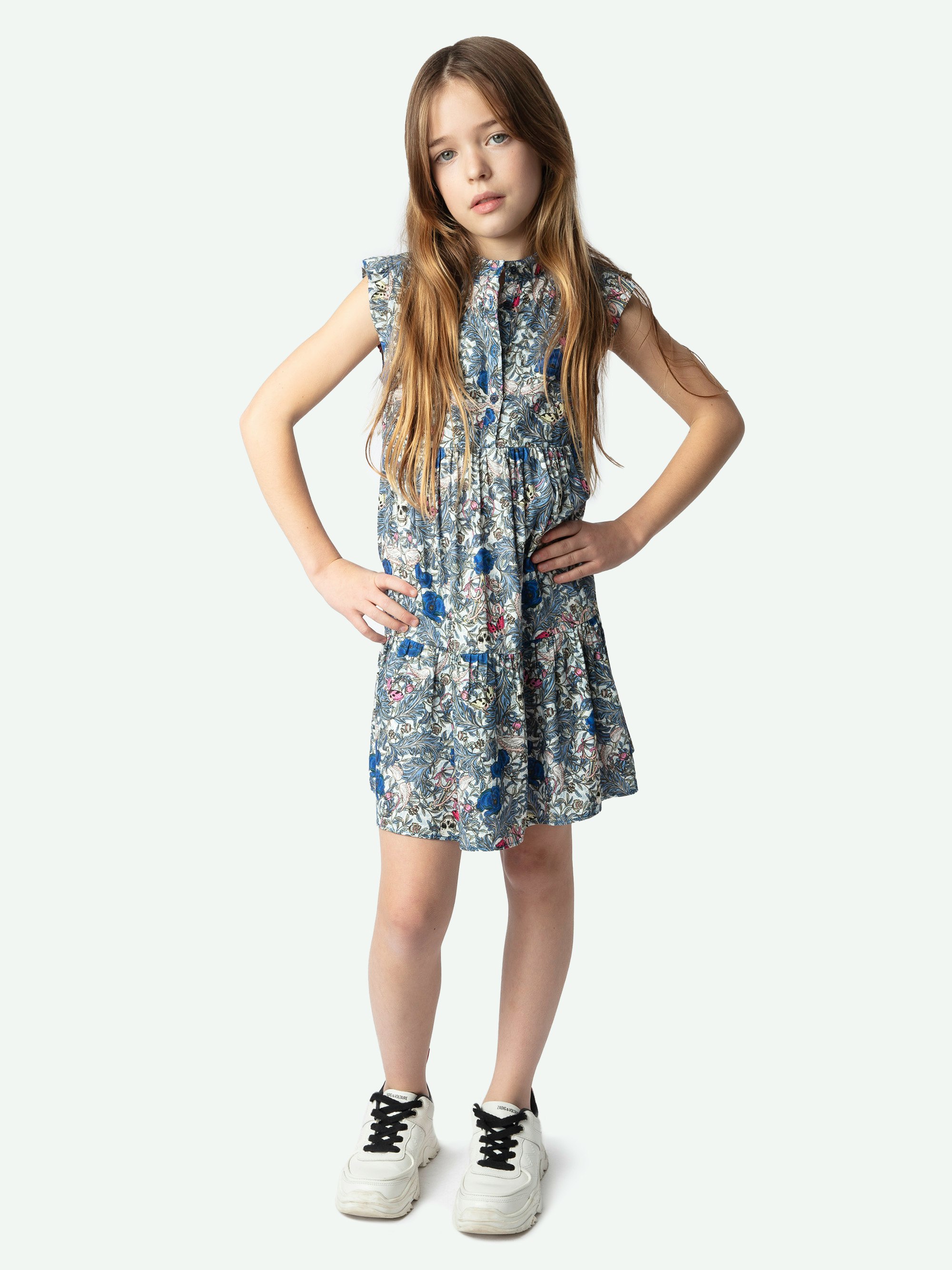 Karolina Girl's Dress - Long sleeveless ecru dress with British Flowers print and flared skirt.