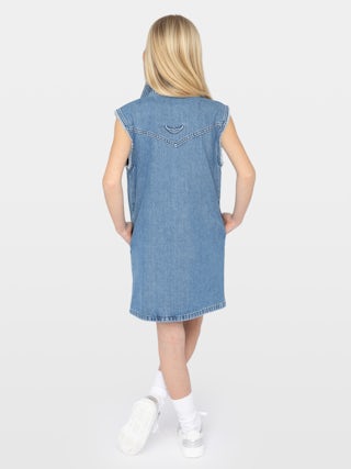 Dress Rosie Denim Girl - Sleeveless denim shirt dress. Flap chest pockets. Collar with studs and rhinestones. Side seam pockets.