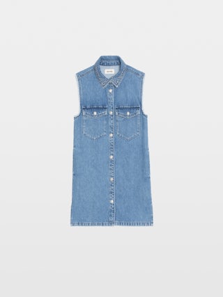 Dress Rosie Denim Girl - Sleeveless denim shirt dress. Flap chest pockets. Collar with studs and rhinestones. Side seam pockets.