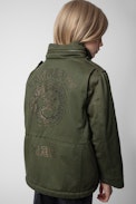 Kayaka Girls’ Parka - Girls’ khaki water-repellent cotton parka with diamanté motif on the back.
