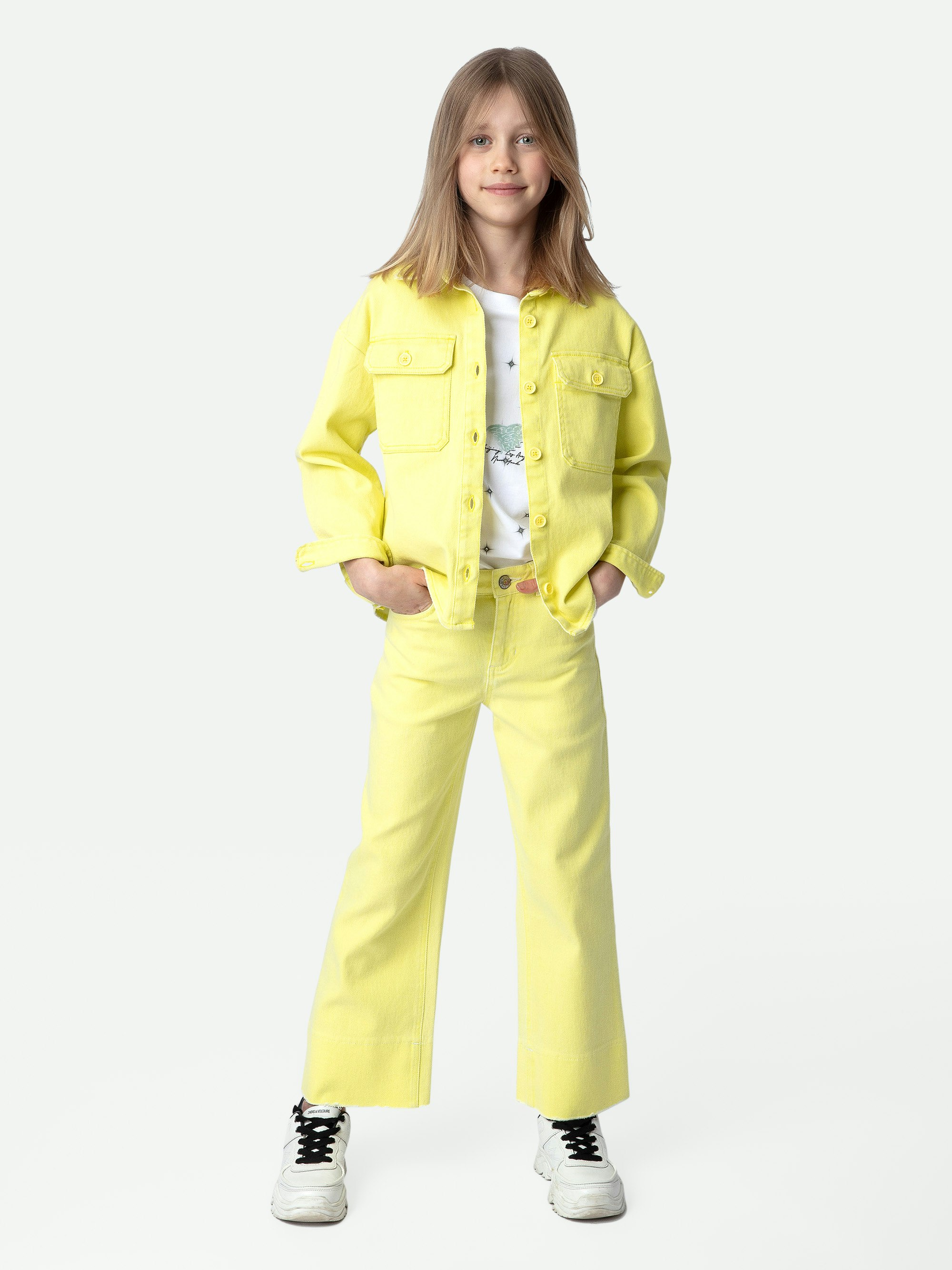 Giacca Timmy Ragazza - Giacca da ragazza in twill di cotone gialla decorata con messaggio "Amour" sul retro.
