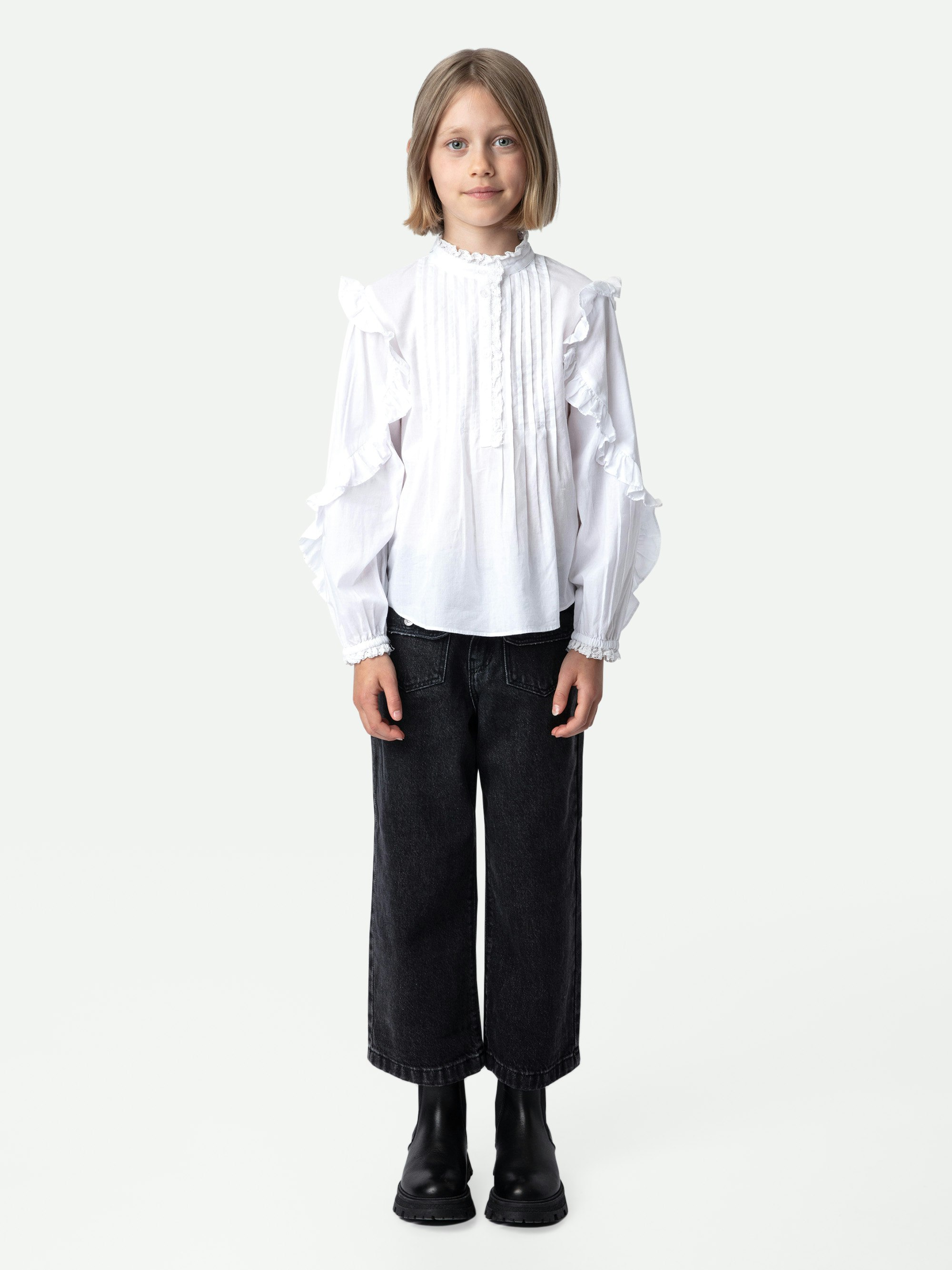 Blusa Timmy Niña - Blusa blanca de gasa de algodón con volantes para niña.