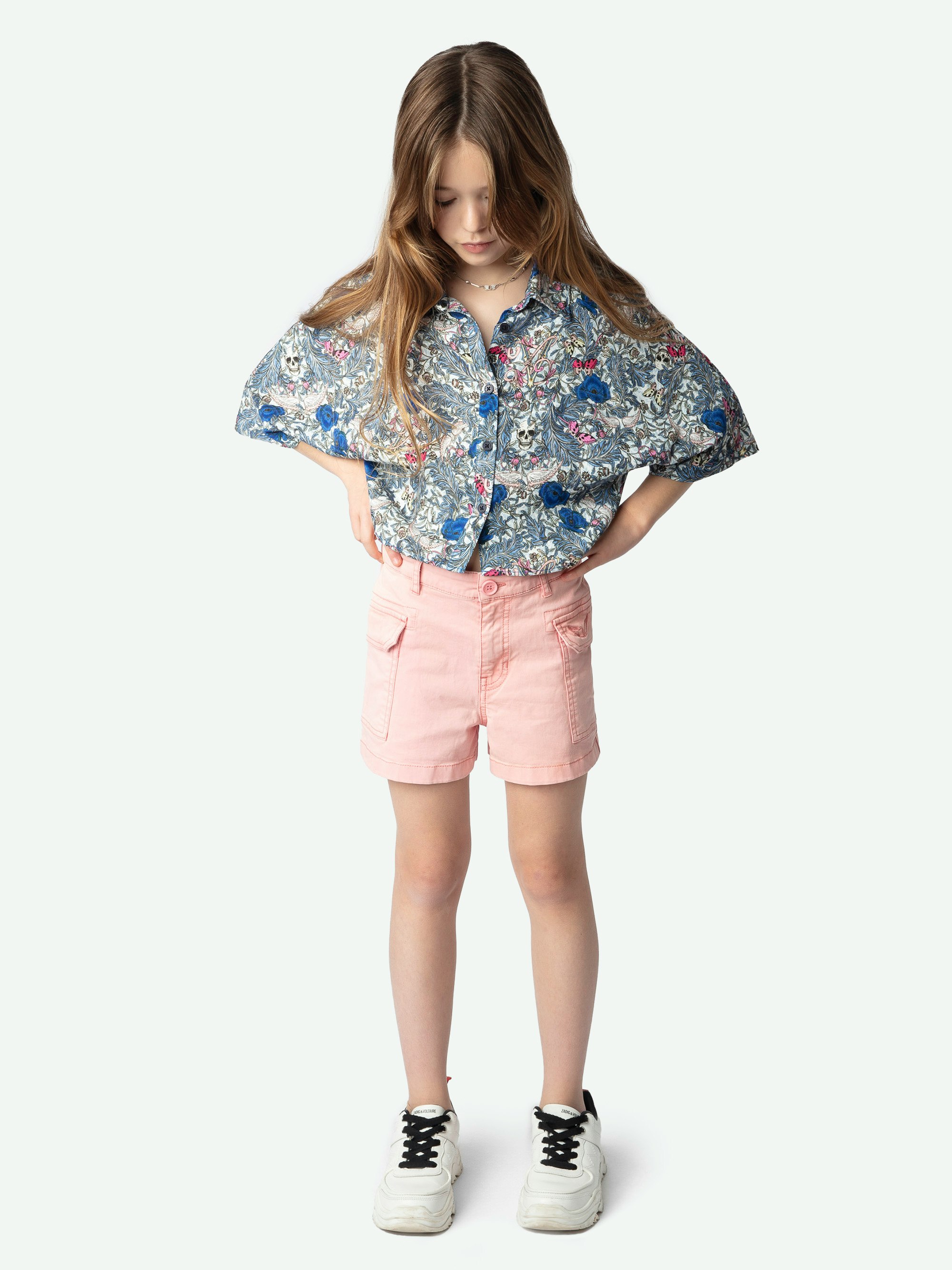 Tiago Girl's Blouse - Off-white short-sleeved shirt with British Flowers print.