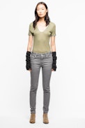 Tino Foil T-Shirt - Women’s khaki T-shirt with metallic detailing