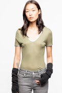 Tino Foil T-Shirt - Women’s khaki T-shirt with metallic detailing