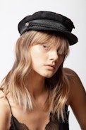 Navy Velvet Pins Cap - Women’s black velvet cap.