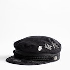 Navy Velvet Pins Cap - Women’s black velvet cap.