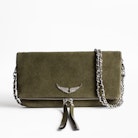 Rock Suede Patent Clutch - Women's khaki suede leather clutch.