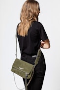Rocky Suede Patent Bag - Women's khaki suede leather bag.