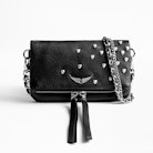 Pochette Rock Nano Heart - Mini pochette noire femme en cuir grainé.