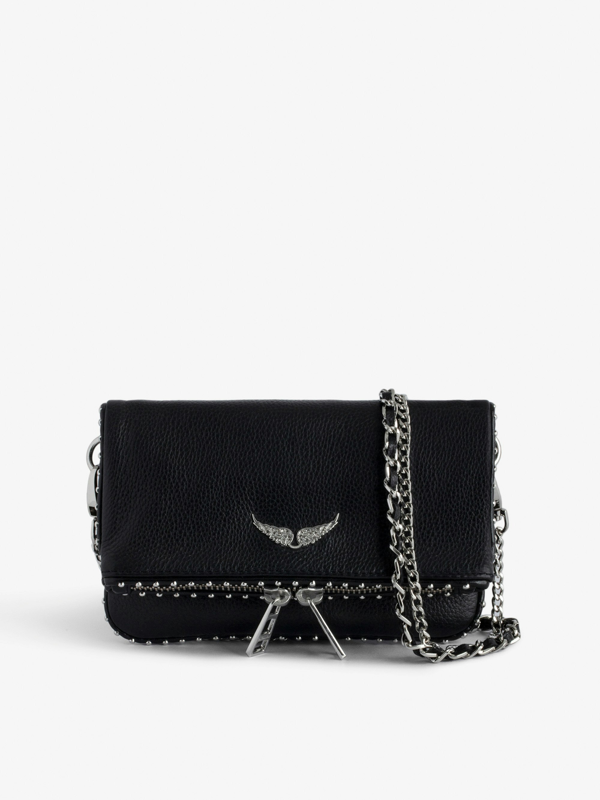 Clutch Rock Nano Studs - Ikonische Handtasche Rock Nano aus schwarzem Leder mit silberfarbenen Nieten.