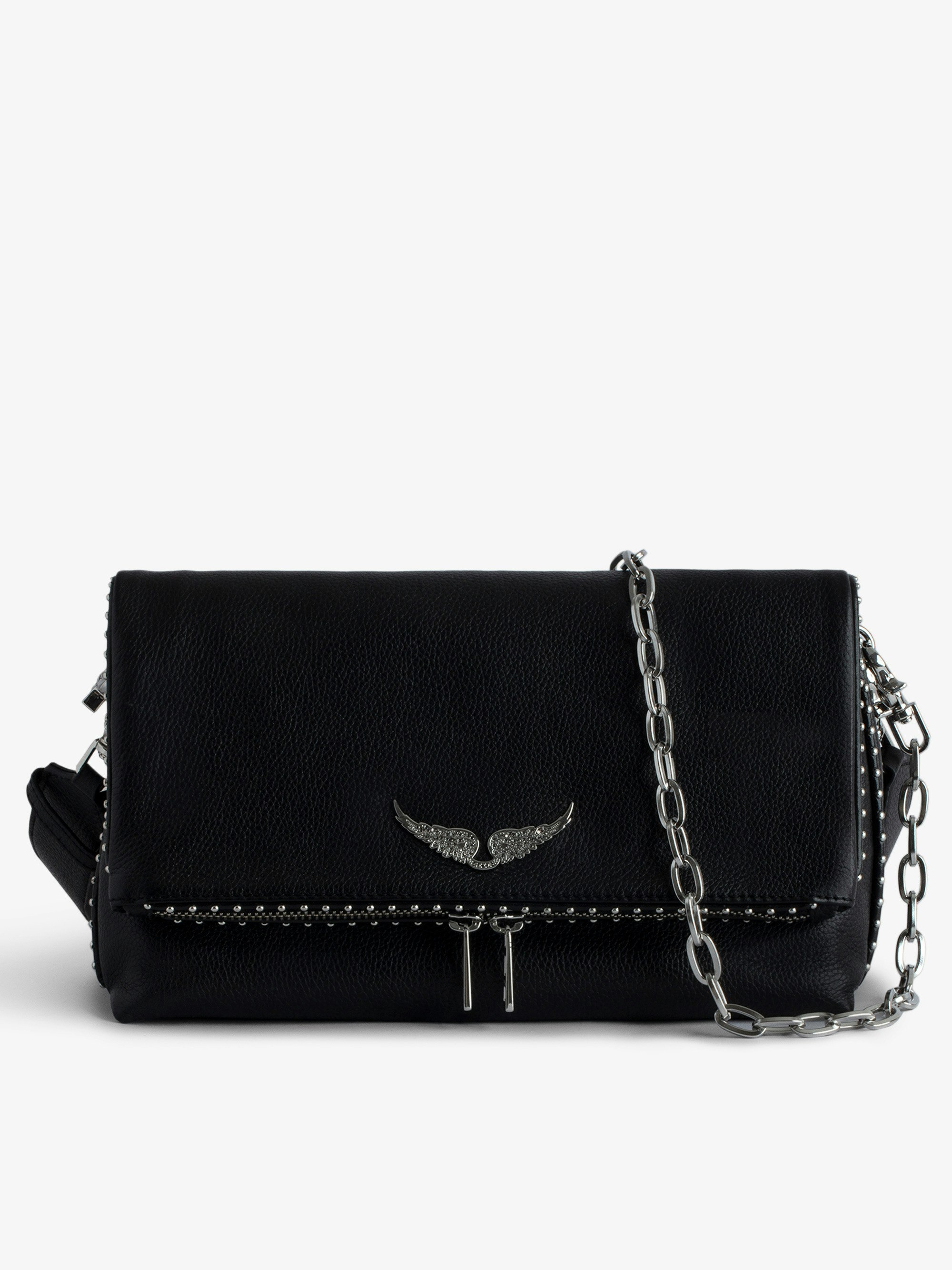 Tasche Rocky Studs - Ikonische Damen-Handtasche Rocky aus schwarzem, genarbtem Leder mit silberfarbenen Nieten.