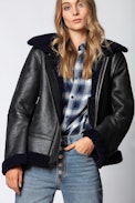 Kafe Shearling Jacket - Black shearling aviator jacket