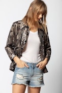 Kim Sequins Camou Parka - Women’s khaki parka in sequins.