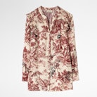 Tygg Jouy Satin Tunic - Women’s printed white tunic with ruffles.