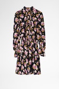 Robe Soie Rabbi Peonies - Robe noire en soie femme imprimée.
