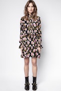 Robe Soie Rabbi Peonies - Robe noire en soie femme imprimée.