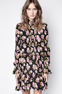 Robe Soie Rabbi Peonies - Robe noire en soie femme imprimée.
