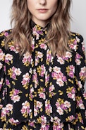 Robe Soie Rabbi Peonies - Robe noire en soie femme imprimée.