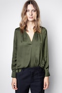 Tink Satin Blouse - Women’s khaki blouse.