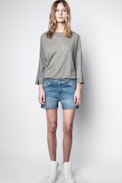 Pullover Flint Patch Kaschmir - Grauer Damenpullover aus Feder-Kaschmir.