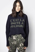 Pull Alma C'est La Faute A Voltaire - Pull bleu marine en laine mérinos femme, à message.