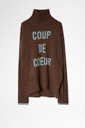 Pull Alma Coup De Coeur - Pull col roulé en mérinos marron femme, à message.