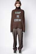Pull Alma Coup De Coeur - Pull col roulé en mérinos marron femme, à message.