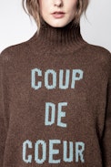 Pull Alma Coup De Coeur - Pull col roulé en mérinos marron femme, à message.