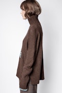 Pull Alma Coup De Coeur - Pull col roulé en mérinos marron femme, à message.