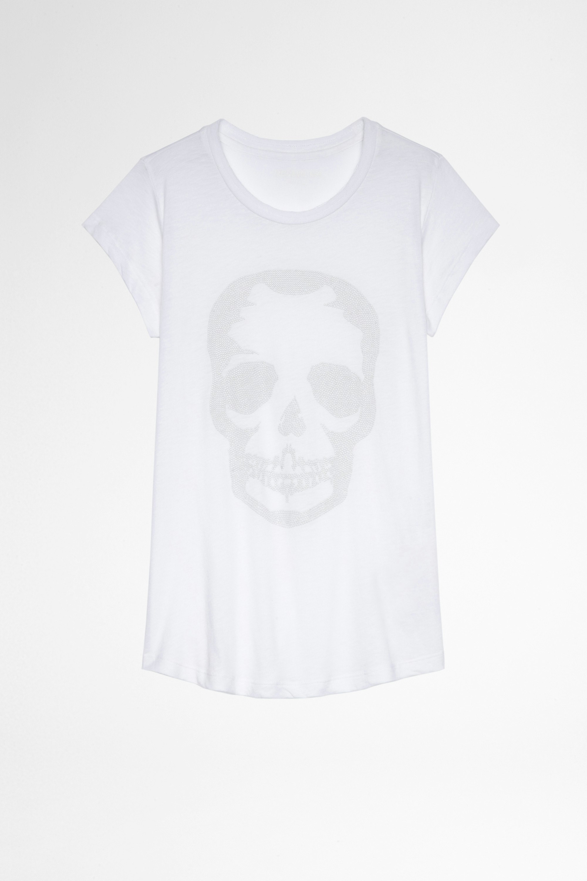 Studded Skull Skinny T-Shirt - Women's cotton t-shirt featuring a skull design made from studs on the front.