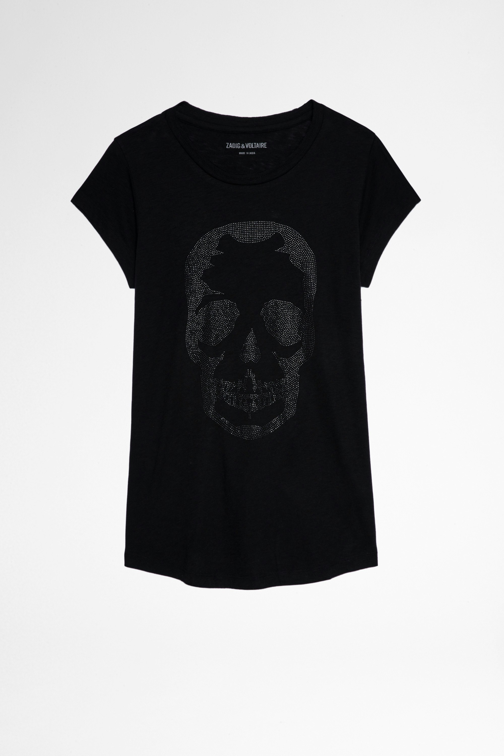 Studded Skull Skinny T-Shirt - Women's t-shirt featuring studs that form a skull design on the front.