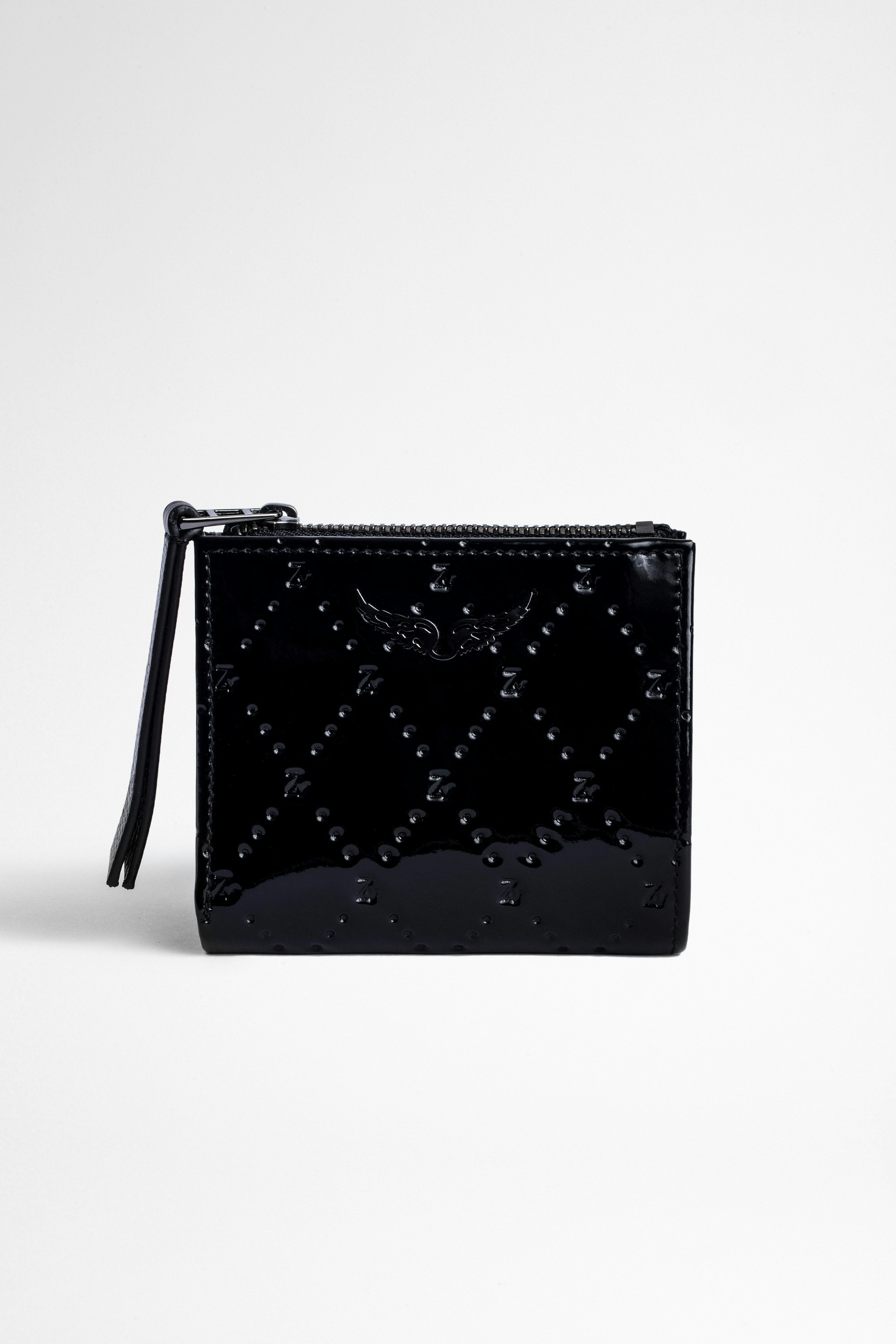 Brieftasche ZV Fold Embossed Mini-Brieftasche mit Druckknopf aus schwarzem Lackleder