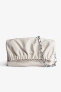 Rockyssime Bag - Women’s smooth ecru leather gathered clutch purse with gold chain