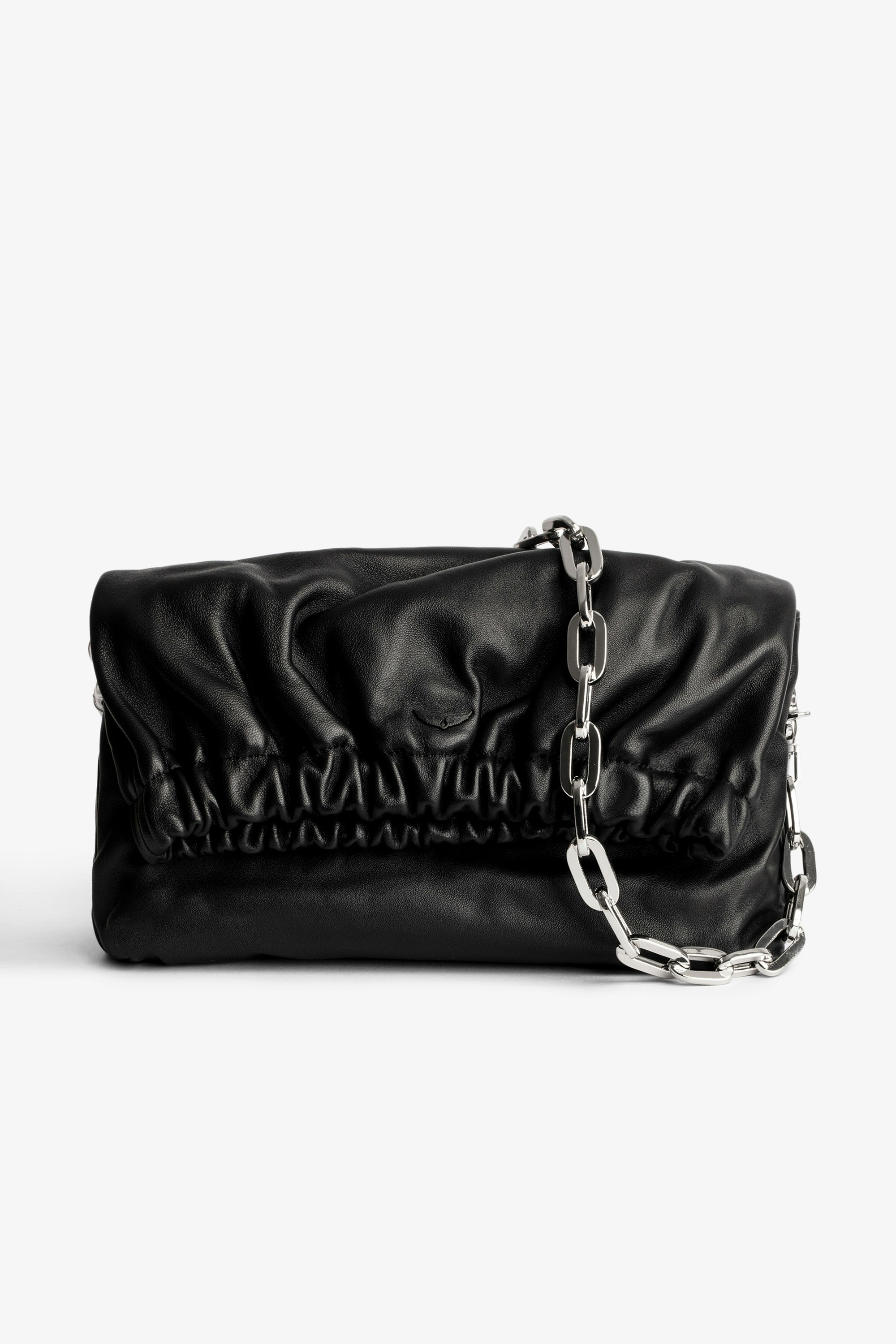 Rockyssime Bag Women’s smooth black leather gathered clutch purse with silver chain