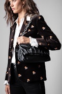 Rockyssime Bag - Women’s smooth black leather gathered clutch purse with silver chain