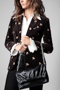 Rockyssime Bag - Women’s smooth black leather gathered clutch purse with silver chain