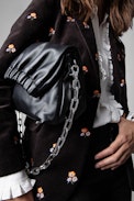 Rockyssime Bag - Women’s smooth black leather gathered clutch purse with silver chain