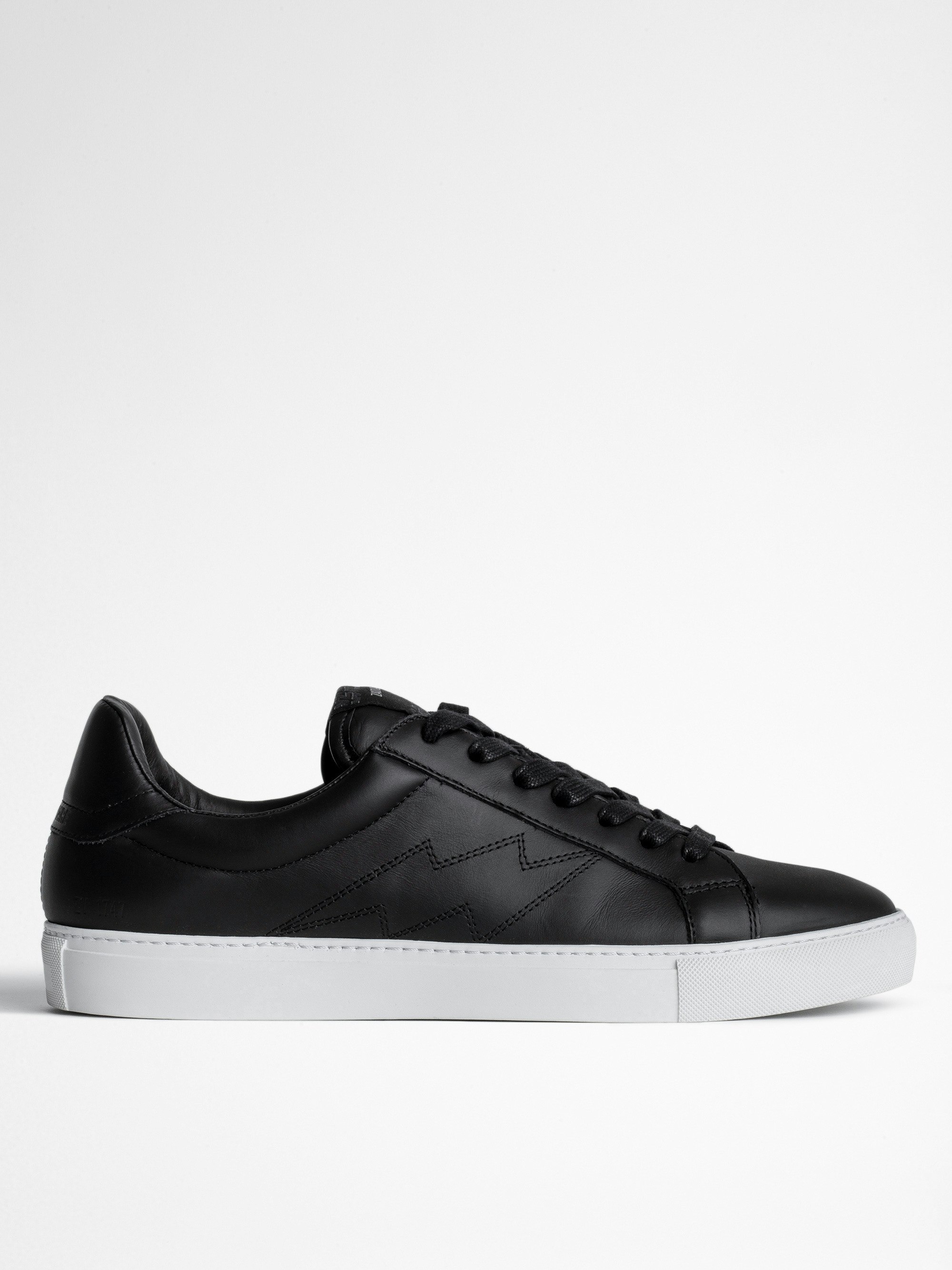 ZV1747 Flash Trainers - Men’s black leather sneakers with lightning bolt topstitching.