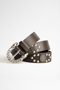 Fauve Neo Belt - Women’s smooth brown leather belt with silver buckle and studs