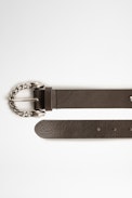 Fauve Neo Belt - Women’s smooth brown leather belt with silver buckle and studs
