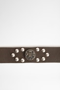 Fauve Neo Belt - Women’s smooth brown leather belt with silver buckle and studs
