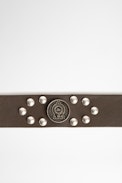 Fauve Neo Belt - Women’s smooth brown leather belt with silver buckle and studs